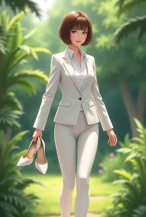 pose casual, shirt, women&#39;s suit, OL,  white pants ,  short hair, work pants, garden, SECRETARY, white suit, women&#39;s suit, women&#39;s suit, shirt branca,  white high heels ,  carrying high heels in hands , barefoot, garden,