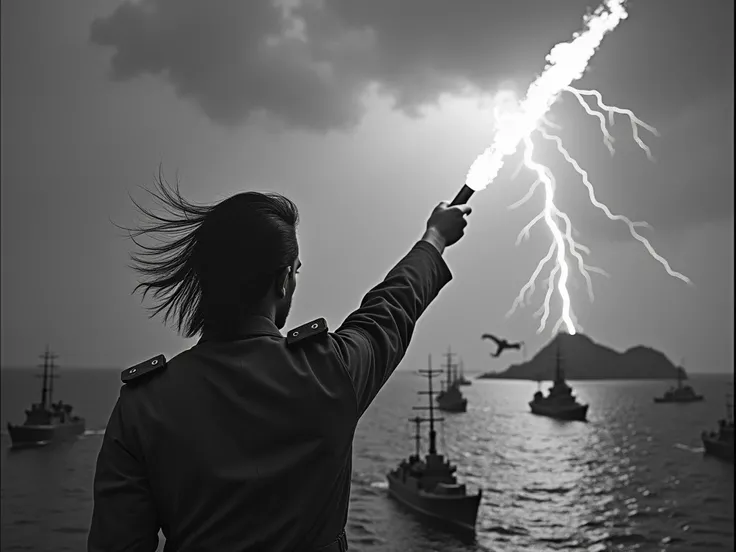 Surreal black and white photo, the back of a man with shoulder-length hair fluttering in the wind, wearing a military uniform, strongly raising a flaming sword, standing on the side of a ship. Below are 20 modern warships deployed face to the island. In th...