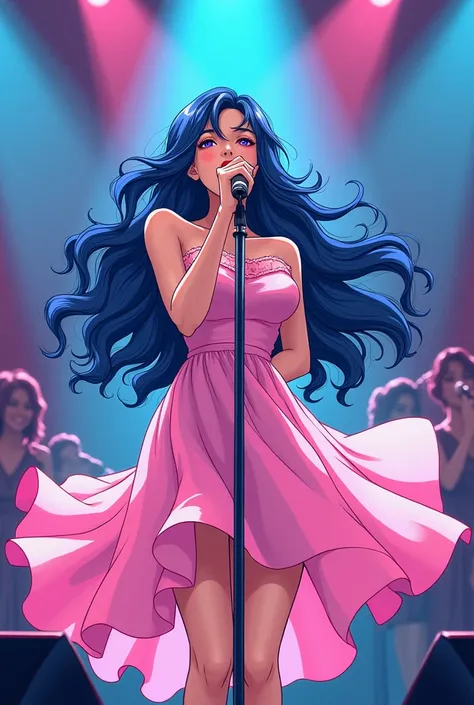 Manga drawing of a woman with long navy blue hair and long pink dress singing with a microphone and in love on a television program with backing singers and microphones