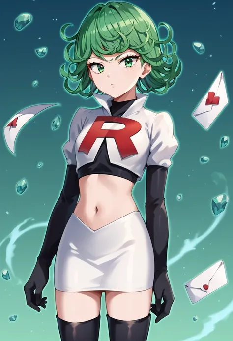 score_8_up, score_7_up, score_6_up, score_5_up, score_4_up, anime screenshot, looking at viewer,
1girl, tatsumaki, green hair, green eyes, short hair, curly hair, looking at viewer
BREAK
looking at viewer, team rocket,team rocket uniform,white skirt,red le...