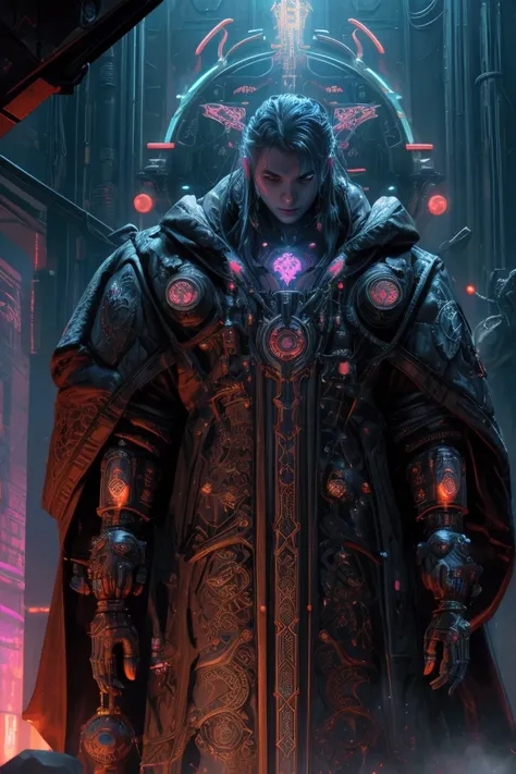 a young cyberpunk sorcerer, intricate ornate robes, glowing runes, neon lighting, cybernetic implants, complex machinery, moody cityscape, dramatic lighting, cinematic, dark sci-fi, highly detailed, 8k, photorealistic, masterpiece