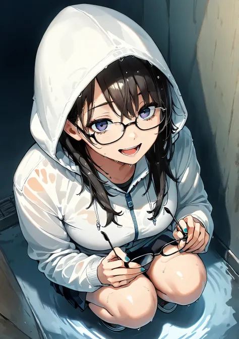 1 girl, Alone, snake ,/(feel/), long hair, Love, glasses, holding glasses,  open the mouth, white jacket,hood up, , wet hair ,squatting, , Nail ,  tabs ,  from above, happy