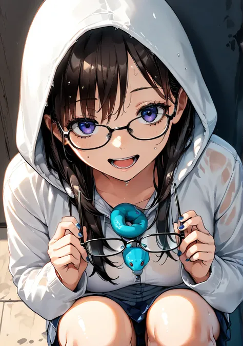 1 girl, Alone, snake ,/(feel/), long hair, Love, glasses, holding glasses,  open the mouth, white jacket,hood up, , wet hair ,squatting, , Nail ,  tabs ,  from above, happy