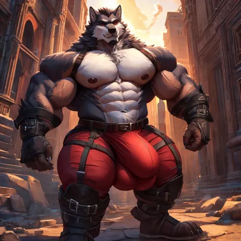 ((أفضل جودة)), ((تحفة)), (مفصلة للغاية), ((4K)).

Bara, anthromorphic(wolf): white fur, red eyes,solo focus , muscular, massive body, naked, Jackstraps, thick thighs, massive bulge, make bulge bigger, massive cock under Jackstraps, massive balls under Jack...