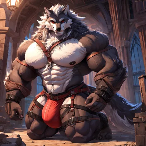 ((أفضل جودة)), ((تحفة)), (مفصلة للغاية), ((4K)).

Bara, anthromorphic(wolf): white fur, red eyes,solo focus , muscular, massive body, naked, Jackstraps, thick thighs, massive bulge, make bulge bigger, massive cock under Jackstraps, massive balls under Jack...