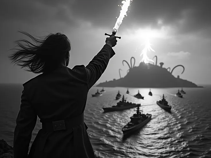 Surreal black and white photo, the back of a man with shoulder-length hair fluttering in the wind, wearing a military uniform, strongly raising a flaming sword pointting to sky, standing on the side of a ship. Below are 20 modern warships deployed face to ...