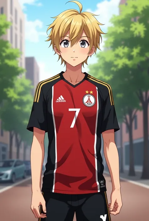  a teenage boy with short blond hair and gray eyes,  wearing an Ajax team shirt with number 7 that is the black and gold shirt,   and a short from the same black club , the background that is in Amsterdam , style/version anime