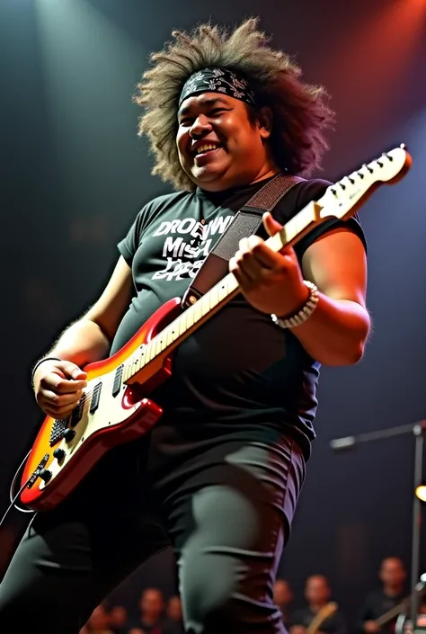 a 90s curly haired Javanese chubby man who is performing full of energy,  wearing tight black clothes and a bandana on his head . He holds a guitar in a dynamic style,Fat body , as if he is in action on stage .  His facial expression shows spirit and confi...