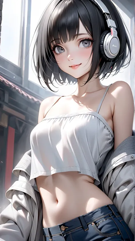 solo。
  realistic drawing。 high image quality。 High Quality 。 digital painting。Pale colors。


（adult、Beauty、 slender。 small tits、Small chest）
（ Off Shoulder 。 low rise denim ）
（ black hair 、 pixie cut、 straight hair）
（Droopy eyes。Gray Eyes。 squint:1.5）
 so...