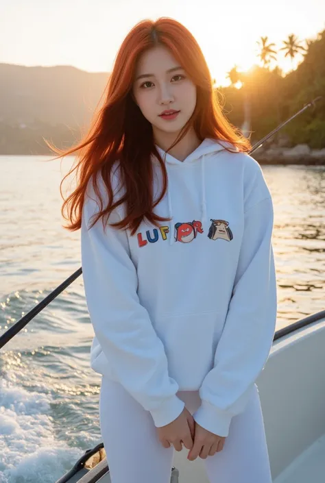 A beautiful korea woman, medium length layered  red  long hair.wearing white hoodie with the character animasi onepiece luffy and wearing white jeans leggings. Standing on the boat fishing on the sea.bautfyful look.water splashing. Mountains background. Su...