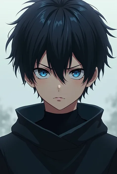 A boy with black hair and blue eyes and a cold expression 20-year-old anime