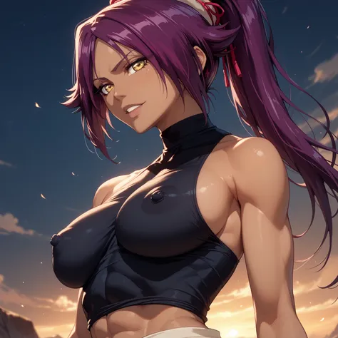 [protagonist: Yoruichi Shihouin] , huge_breasts, breasts focus, erect nipples, good lighting, sexy pose
