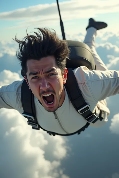 Medium size male with short black hair wearing White Jumpsuit freaking out while jumping out of an Airplane tethered to A professional Skydiver And plane above with Clouds as the background