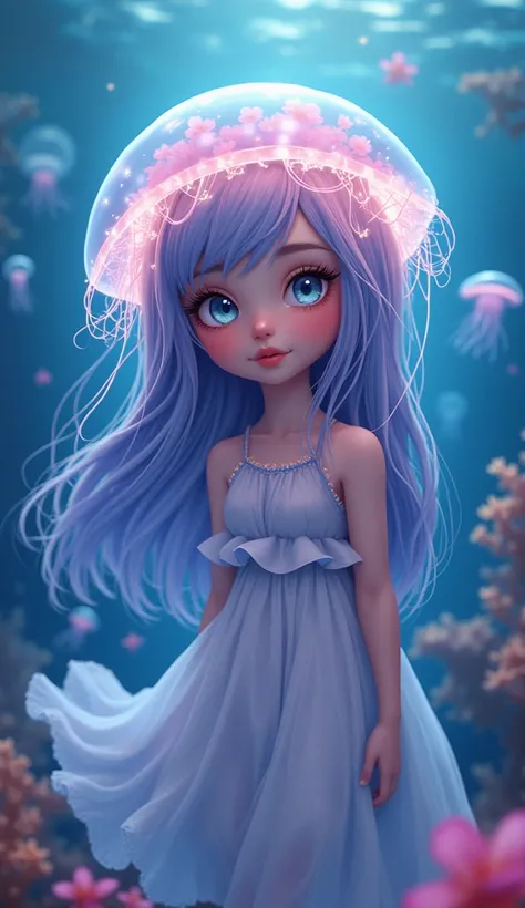 "A fantastical depiction of a cute girl and jellyfish hybrid, blending human and marine features seamlessly. She has a translucent, jellyfish-like hood that gently glows with soft pastel hues of pink, blue, and purple, resembling the bell of a jellyfish. H...