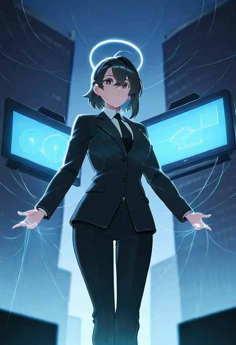 "A towering figure in a sleek, futuristic business suit, standing atop a massive skyscraper. Their face is a glowing monitor displaying analytical data. The figure holds a holographic control panel, with strings of light extending from their hands to the b...