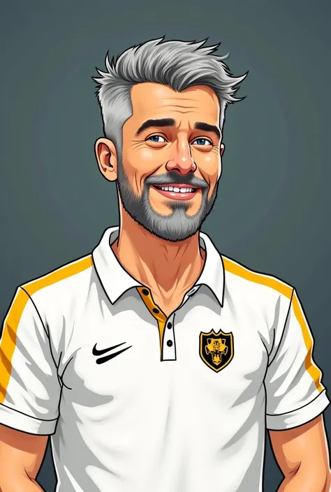 A Simpson image of a futsal team that wears white and gold whose name is UNSTOPABLE and the coach of the team is a person of about 60 years of average height with little hair and a goatee and a marked mustache and a beard trimmed with gray hair