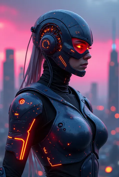 Create a futuristic warrior character based on my likeness, with cybernetic enhancements and armor. Incorporate elements of neon-lit circuitry, metallic plating, and glowing accents. Set the character against a dystopian cityscape backdrop with a bold, neo...