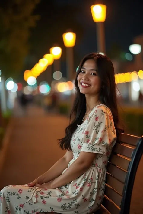 Photography profesional , a native Indonesian woman , wearing a white floral dress , sitting on a park bench ,decorated with street lights at night, while smiling ,urban background in Yogyakarta Malioboro