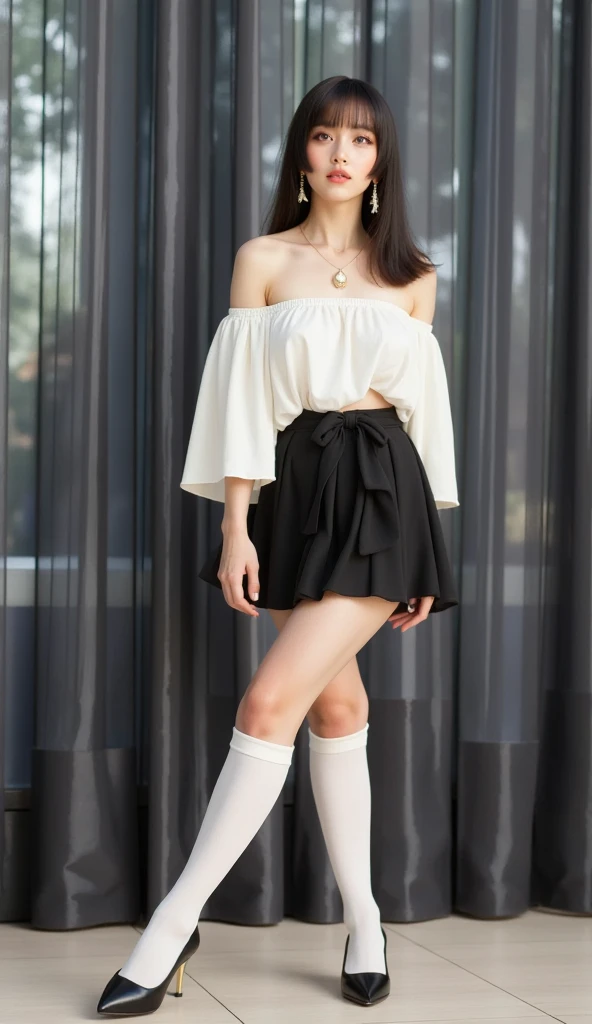 16K quality， ultra-realistic style ，Take a picture of a woman standing on her side，over the knee white long socks， Short black skirt ， Black Heels ，Himekiri hairstyle ， Full Body Photo ， a woman in a stylish off-the-shoulder white dress，A woman wearing lon...