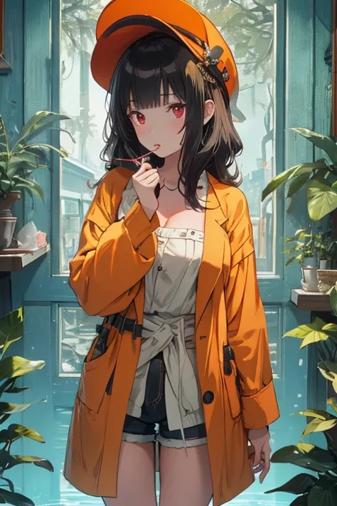 a cartoon woman smoking while wearing a bathrobe among other decorative items, 1girl, breasts, long hair, cleavage, black hair, looking at viewer, hat, bird, chopsticks, shorts, shirt, solo, food, red eyes, 
beautiful composition, cinematic lighting, extre...