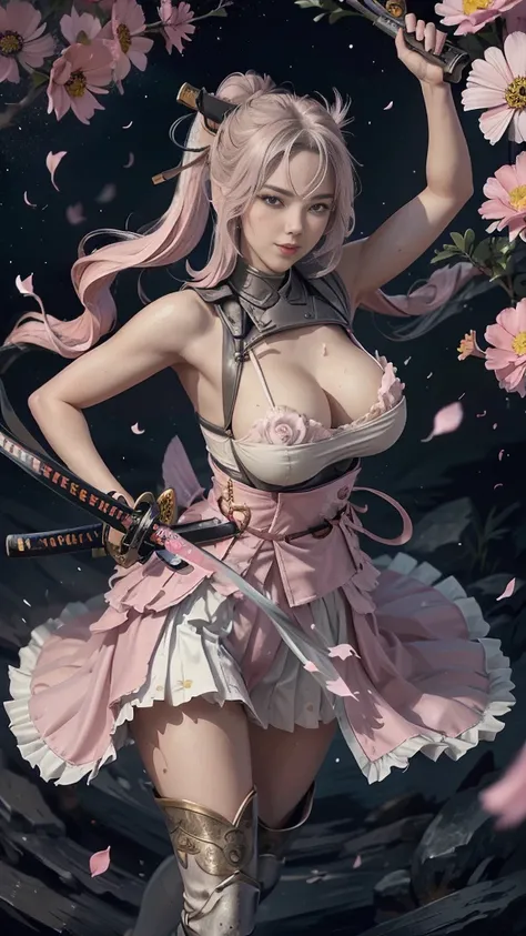  young woman, warrior,((wielding a katana_weapon:1.8)), very detailedな, realisti,((seductive smile:1.3)),Combat Stance,Acrobat Angle, Creative Action,  extremely detailed, Imaginative,  sensual, spontaneous ,  top quality ,  skin texture, ((absurdly long h...