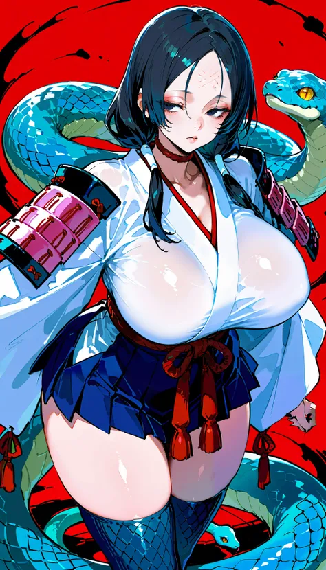 score_9, score_8_up, score_7_up,(High quality, High resolution),snake girl,princess,((narrow eyes)),((snake skin)),Black hair,low twin tale [[parted in the middle]], Forehead,(Japanese armor, Chest),White kimono, Black mini skirt, Knee socks, Big breasts, ...