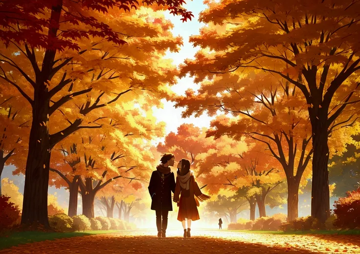 A couple strolling through a park covered in golden leaves, their scarves gently fluttering in the breeze as they pause beneath an ancient oak tree, sharing a kiss surrounded by the warm colors of fall.