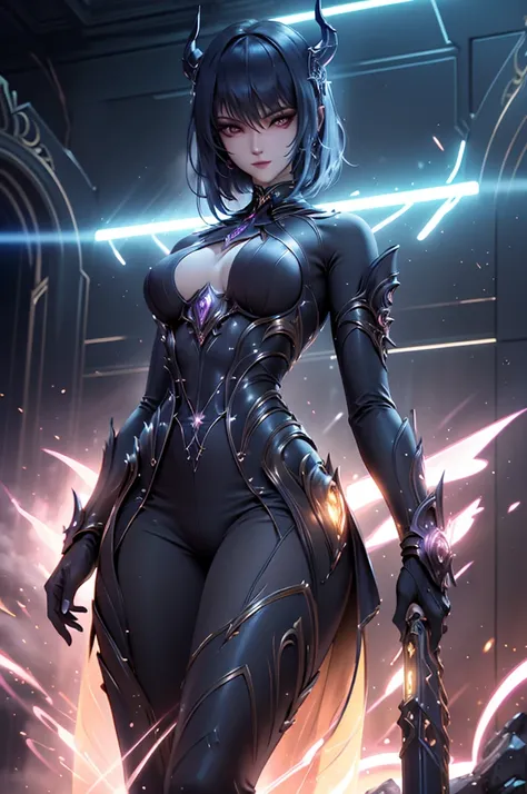 beautiful body, young woman ,short black hair , badass , colan,May, shapely thighs,Evil Smile,juri han,hair horns,body details,low yellow lighting,Rays of light beautiful detailed body, ( computer-generated images ) e VFX (Visual Effect)  highlights intric...