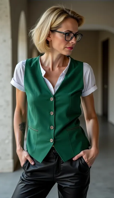 Dame de 40 ans. Cheveux blonds. Coupe au carré. Elle porte des lunettes rondes. Elle porte une veste tailleur vert vif en coton avec les manches relevées à ses coudes, un pantalon en cuir noir. Elle etrangle de ses propres mains une femme qui est face à el...