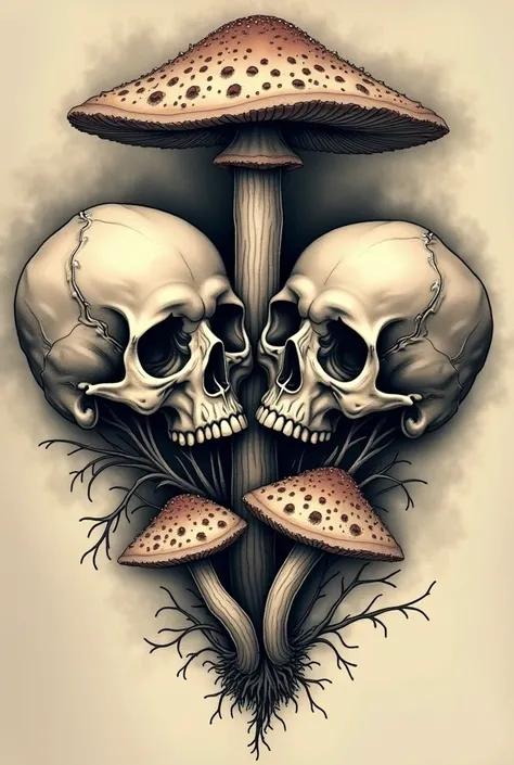 A tattoo sketch of two skulls in which fungi such as Coprinus comatus appear