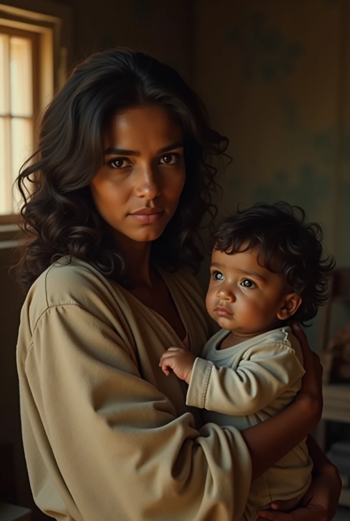 "Create a hyper-realistic portrait of Mary holding baby Jesus in her arms. Both figures should have Middle Eastern features with dark skin, brown eyes, and dark hair. The scene should be set inside a humble, warmly lit home with soft, cinematic lighting. T...