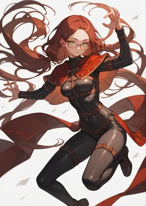 full body, score_9, score_8_up, score_7_up, (solo), burgundy hair, green eyes, oval glasses, long hair, forehead, (black tight suits) , big dagger, medieval setting, (long low hair tails), medium breasts, ((expensive clothes)), ((narrowed eyes)), white bac...