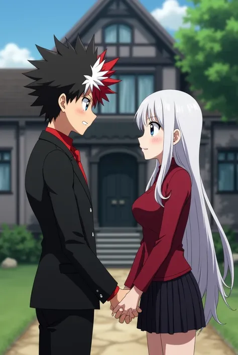  Screenshot of My hero Academia ,  boy with white hair on the right side and red on the left side ,  eye on the left side blue and on the right side gray ,  with a red spot on the left eye ,  wears a black suit with a red tie and a red dress shirt ,  holds...