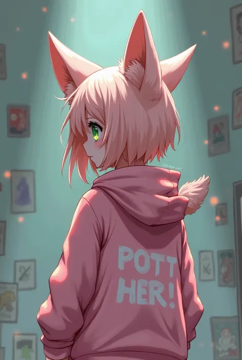 A gamer girl with fox ear, his eyes colour is lite green, and his and his age is 20 years and his back on thewall written notaplayer07, and he wear a lite pink colour hoodie with wings and he stands to see wall 