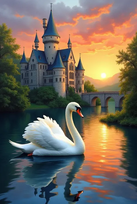 "Create an acrylic painting of a majestic castle in the foreground, with a serene white swan positioned behind it, its wings partially spread. The castle has tall spires and intricate stone details, reflecting in a calm lake surrounded by lush greenery. Th...