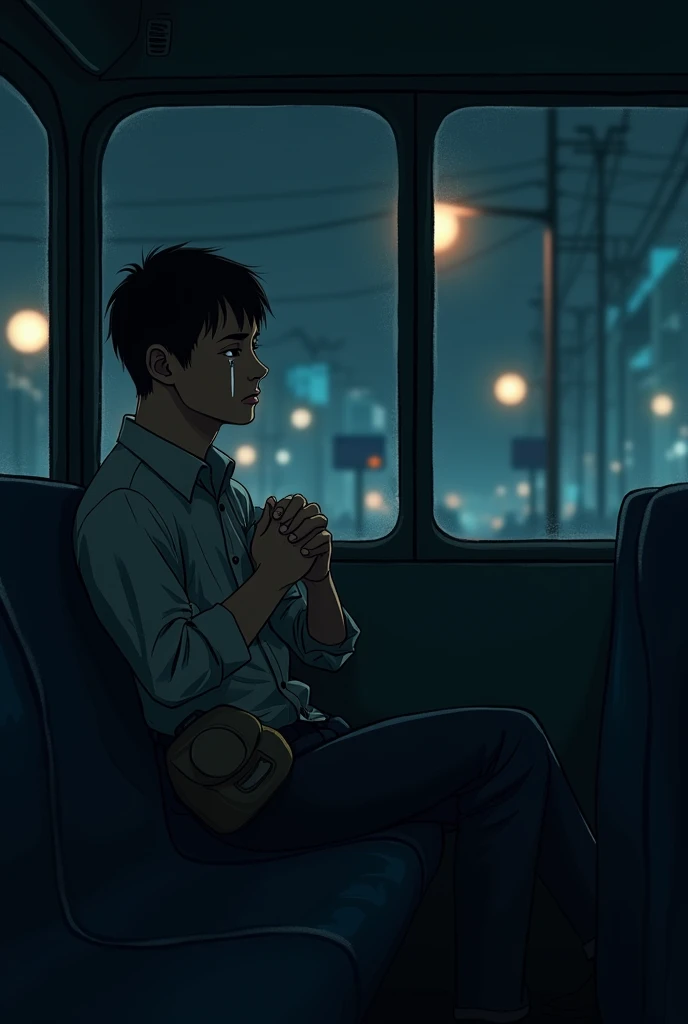 A guy sits on the bus at night and holds a baby satchel and cries 