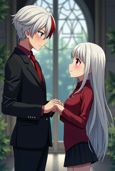  Boy with white hair on the right side and red on the left side , Left eye gray and right side blue ,  with a red spot on the left eye ,  wears a black suit with a red tie and a red dress shirt she has a serious but calm expression she is looking at a girl...