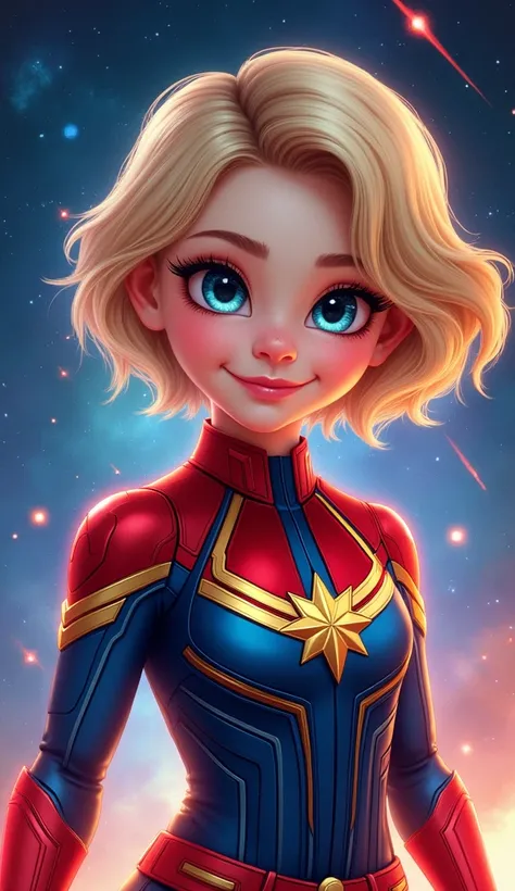 Captain Marvel and 
A radiant  girl with a glowing white complexion, bright, sparkly eyes, and a wide, heartwarming smile. She is dressed in a miniature Captain Marvel suit, with vibrant red, blue, and gold details. She holds Captain Marvel’s hand, standin...