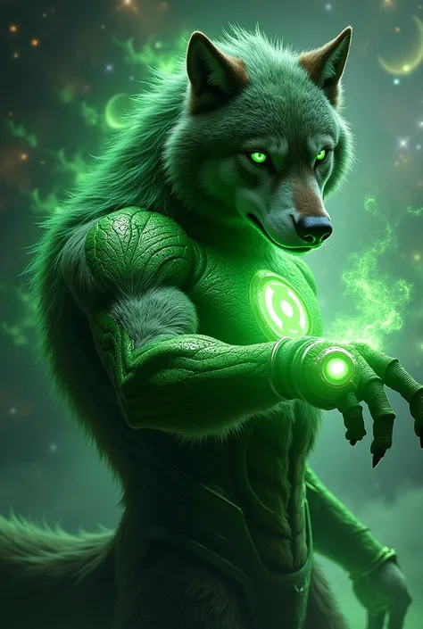  Fusion of the Green Lantern and a wolf ,  with the bright green ring on your finger, the bright green breast .