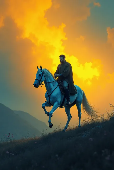 A man on a white horse rides a horse at night while the sky is yellow and orange