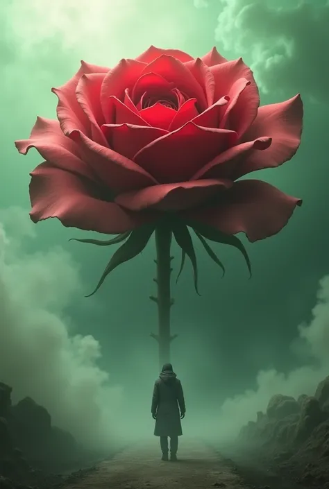 Red Rose,single flower, roses as large as elephants , staring at the 1st person in the empty space.,There is a haze of green clouds surrounding 