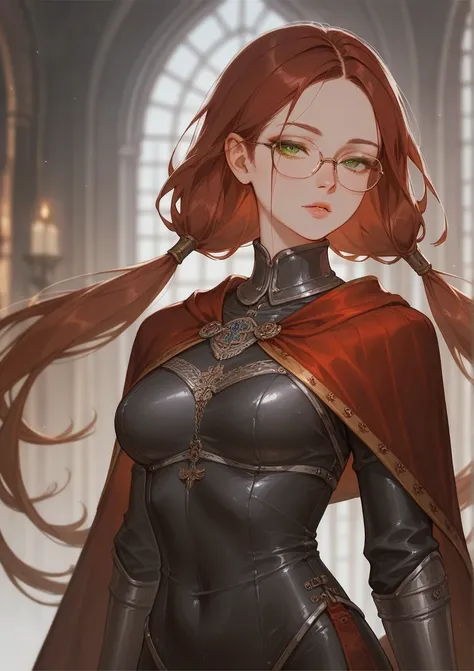 score_9, score_8_up, score_7_up, (solo), burgundy hair, green eyes, oval glasses, long hair, forehead, (black tight suits) , ((medieval setting)), (long low hair tails), medium breasts, (((expensive clothes))), ((narrowed eyes)), short cape
