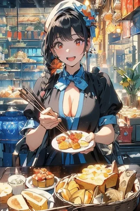 (perky chest:1.2), (pointed chest:1.2),(((Black Tunic:1.3))),(((cakes and bread in the basket),Cute and beautiful girl,a cartoon woman smoking while wearing a bathrobe among other decorative items, 1girl, breasts, long hair, cleavage, black hair, looking a...