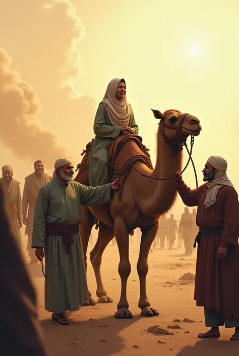 An illustration depicting the moment when Saidatina Aisyah Radhiallahu Anha was taken out of the Jamal battlefield.  In the middle of the picture, Saidatina Aisyah is seen sitting on a camel named Askar, with a face that depicts fatigue, sadness, but also ...