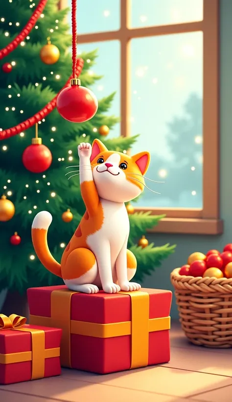 Image is a digital illustration featuring a festive holiday scene. The layout is centered around a cartoon-style cat with a white and orange coat, sitting on a stack of red and orange gift boxes. The cat is reaching up with its paw to touch a red ornament ...