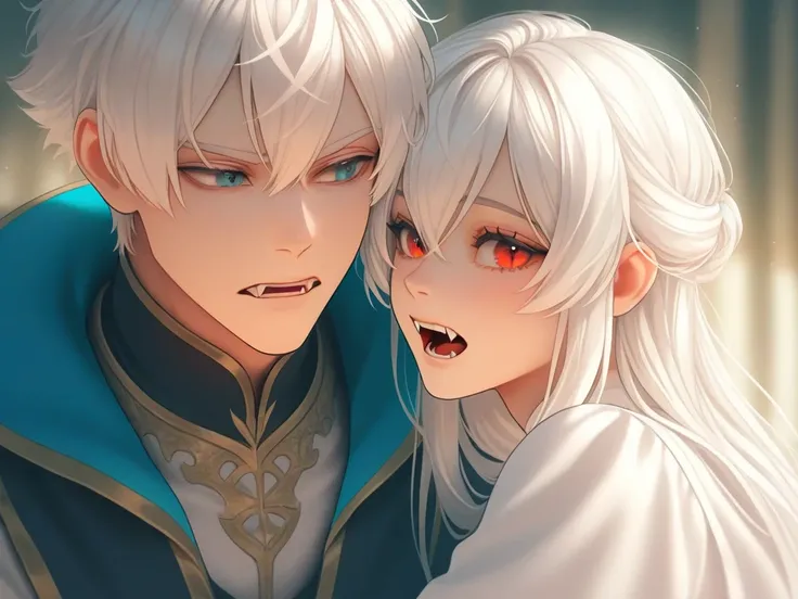 2 men 1 .  light navy blue, navy blue eyes, calm 2 . White hair, orange eyes, fangs, shyness, fantasy clothes