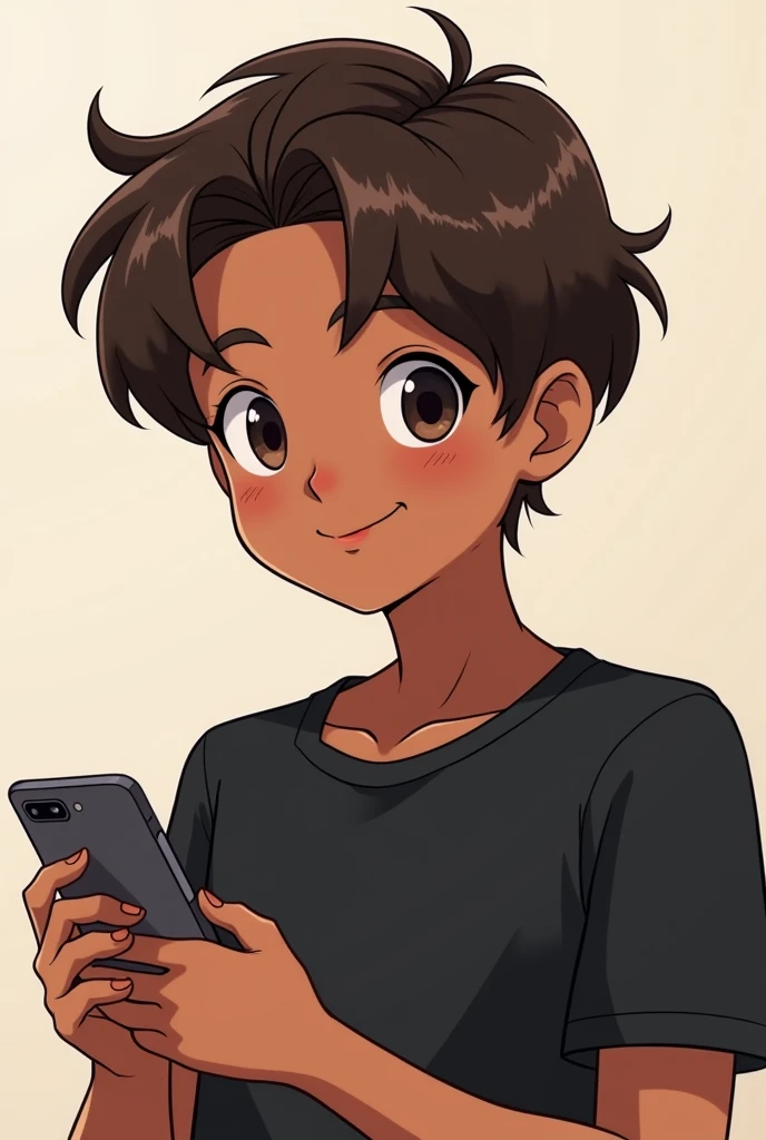 19 year old boy, black-skinned brunette  , eyes slanted and smiling  ,wearing a black t-shirt and low, gradient cut hair, Flicking my cell phone distracted , anime style 