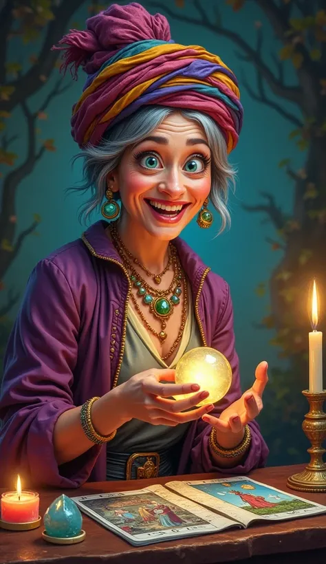  A middle aged woman with a mystical and playful appearance ,  wearing esoteric clothes and a colorful turban . It has a modern style ,  but with a touch of a traditional fortune teller . His face is expressive and friendly,  with an enigmatic smile .  She...