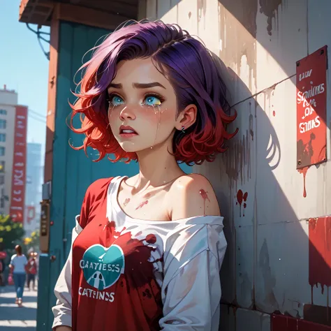 In the style of Charlie Bowater, (UHD), teenager (19 years old), athletic, girl, middle european, 2 color hair (brown with red tips), simple t-shirt (off-shoulder, turquoise and purple), jeans (old with stains and tears)   