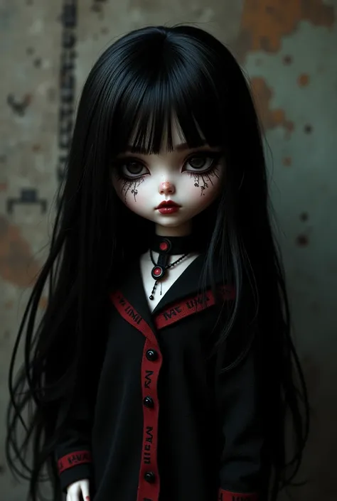 Doll with black hair and clothes in black with red and that say title Navah
Alternative rock type 